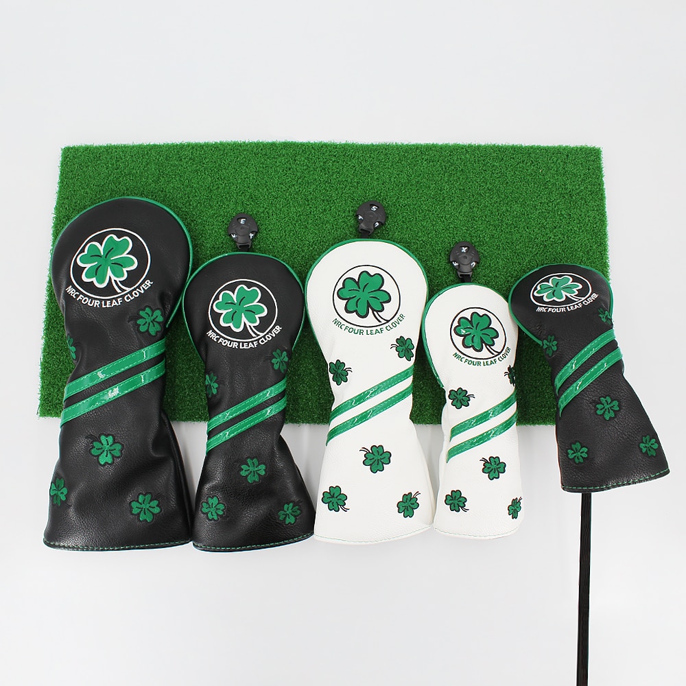 Golf Headcover for Driver Fairway Hybrid Blade Putter PU Leather Waterproof Four Leaf Clover Golf Wood Head Cover Number Tag